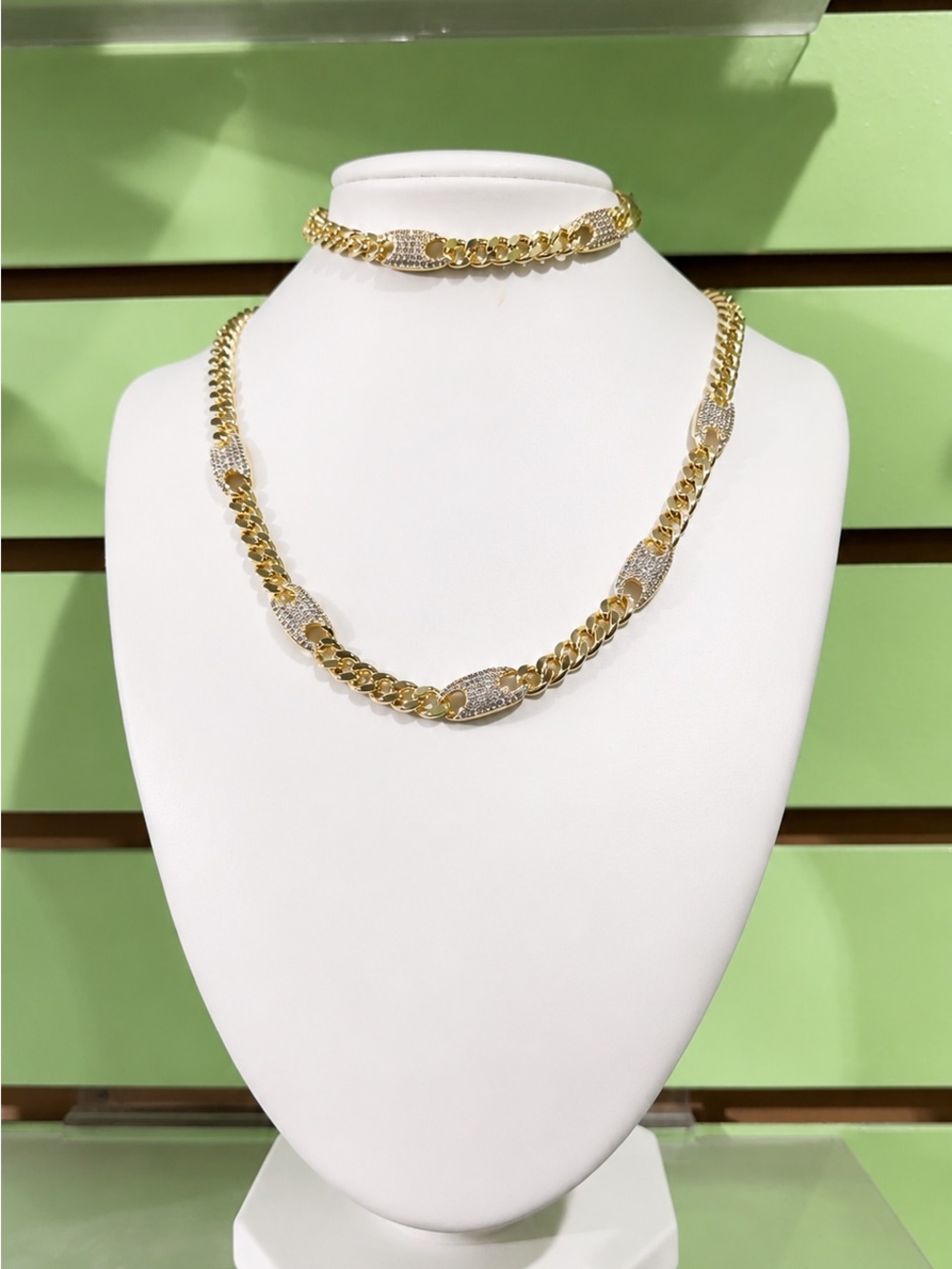 Gold Pave Accent Cuban Link Necklace and Bracelet Set